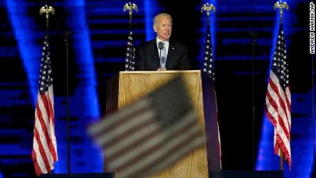 President-elect Joe Biden speaks, Saturday, Nov. 7, 2020, in Wilmington, Del. 