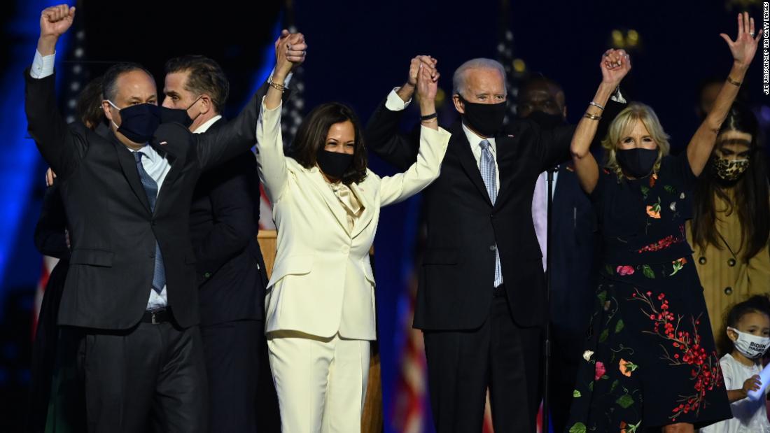 Harris and Biden are joined by their spouses after their victory speeches in Wilmington, Delaware, in November 2020.