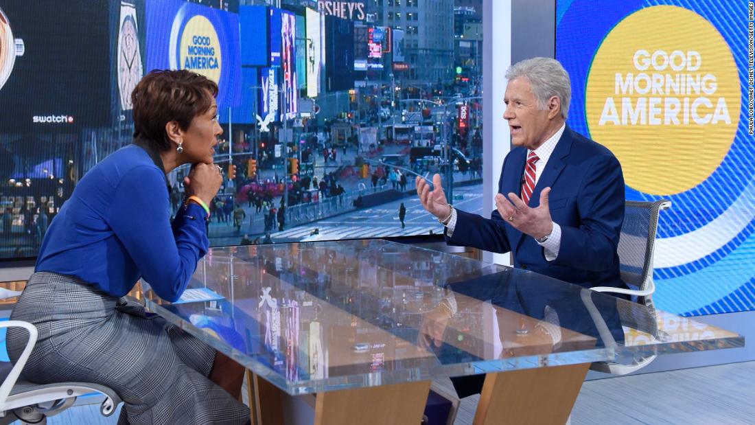 Trebek discusses his cancer diagnosis with Robin Roberts on &quot;Good Morning America&quot; on May 1, 2019.