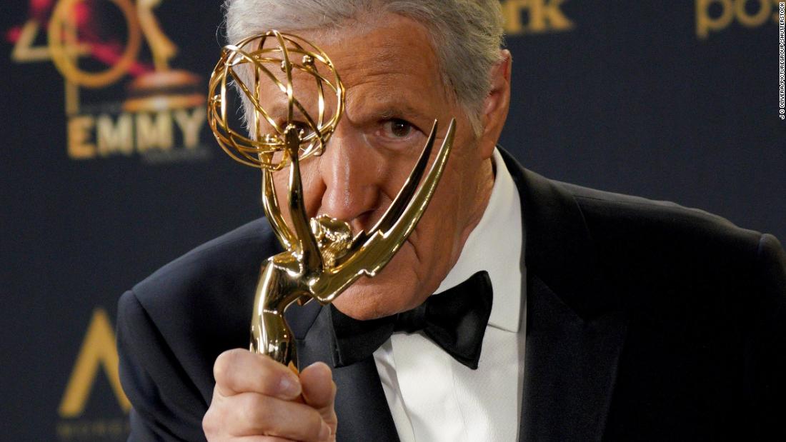 Trebek kisses his Emmy at the 46th Annual Daytime Emmy Awards show in Los Angeles on May 5, 2019.