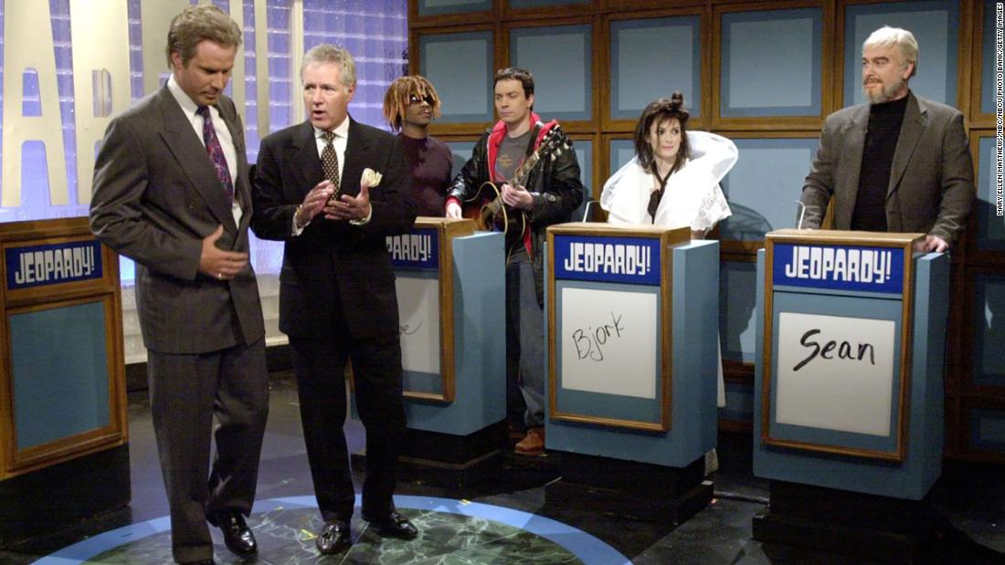 Trebek appears with cast members of &quot;Saturday Night Live&quot; during a &quot;Jeopardy!&quot; skit in May 2002. The skit featured Will Ferrell as Trebek, Alex Trebek as himself, Dean Edwards as Boyd Tinsley, Jimmy Fallon as Dave Matthews, Winona Ryder as Bjork and Darrell Hammond as Sean Connery. 