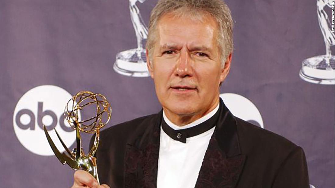 Trebek holds his Emmy after winning the Daytime Emmy Award for outstanding game show host for &quot;Jeopardy!&quot; on May 16, 2003.