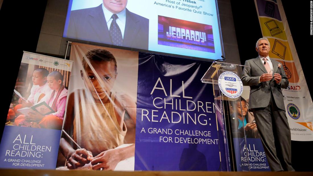 Trebek speaks at the launch of All Children Reading: A Grand Challenge for Development at the Ronald Reagan Building in Washington, DC on November 18, 2011.