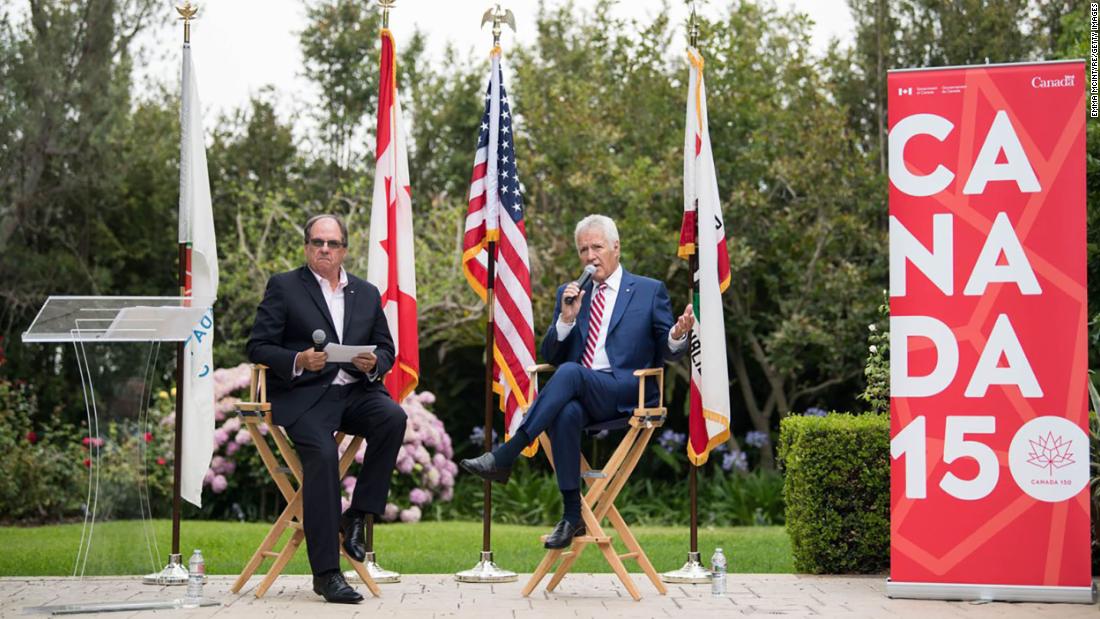 Consul General of Canada James Villeneuve and Trebek speak at the 150th anniversary of Canada&#39;s confederation at the consul general&#39;s official residence in Los Angeles on June 30, 2017. 