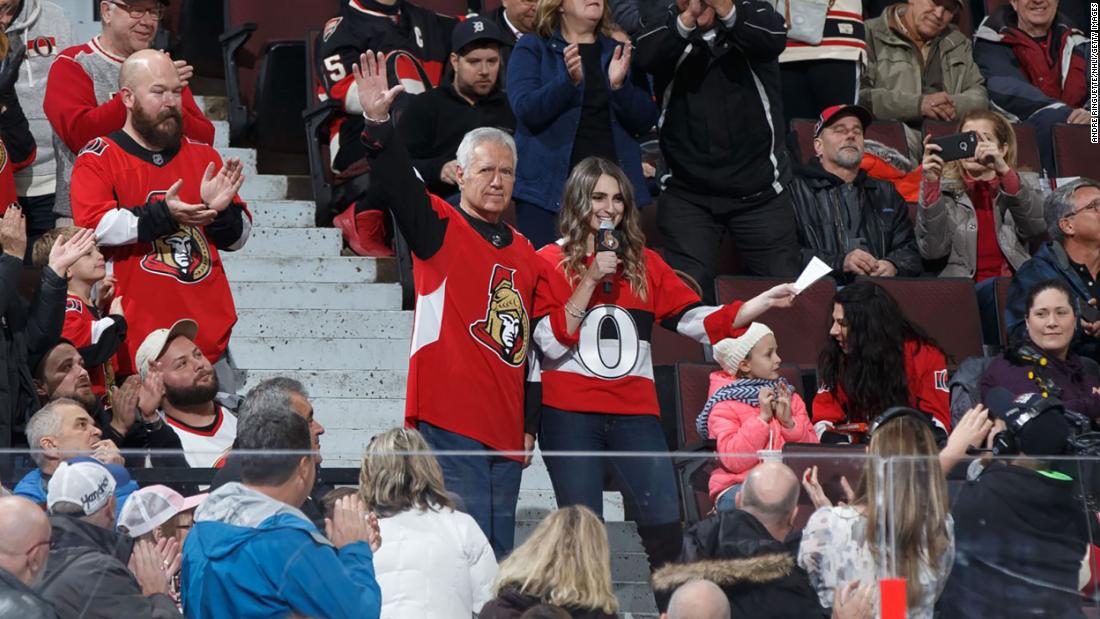 Trebek is introduced at the NHL game between the Ottawa Senators and the Arizona Coyotes on November 18, 2017, in Ottawa.