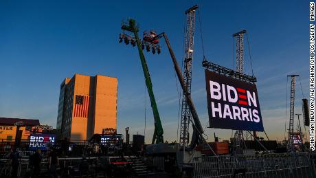 The stage in the parking lot of the Chase Center, set and waiting for Biden and Harris on Saturday, November 6.