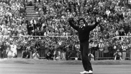 Ballesteros celebrates after winning the British Open at Royal Lytham and St. Anne&#39;s in Lancashire, United Kingdom.