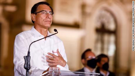Peruvian President Martín Vizcarra as he announced that he accepted the decision of Congress and would leave the Government Palace in Lima on Monday.