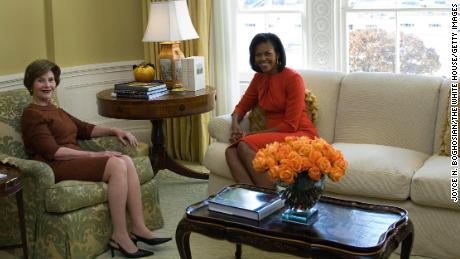 First Lady Laura Bush (L) meets with Michelle Obama in the private residence of the White House November 10, 2008 in Washington, DC. 