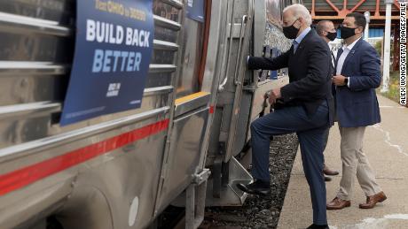 Joe Biden embarks on a train campaign tour on September 30, 2020, in Cleveland. 
