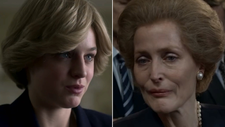 In &quot;The Crown,&quot; Emma Corrin (left) plays Diana, Princess of Wales, and Gillian Anderson (right) portrays former British Prime Minister Margaret Thatcher.