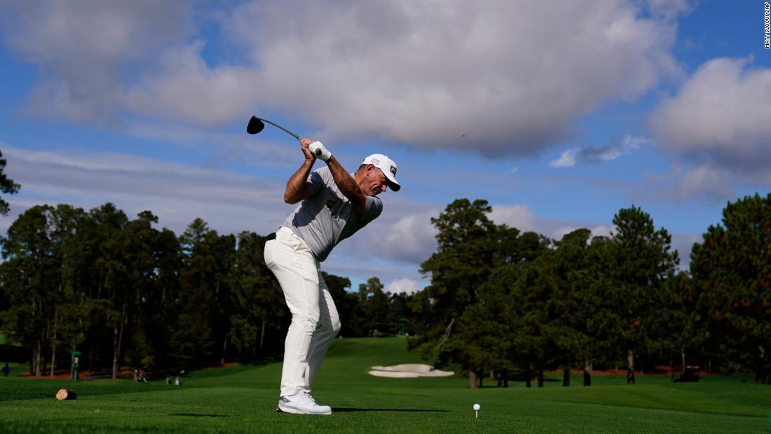 Lee Westwood, an early leader on day one of the Masters, tees off on the eighth hole.