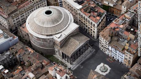 This aerial photograph taken on May 1, 2020 shows the empty Piazza del Pantheon in Rome on May day during the country&#39;s lockdown aimed at curbing the spread of the COVID-19 (the novel coronavirus). (Photo by Filippo MONTEFORTE / AFP) (Photo by FILIPPO MONTEFORTE/AFP via Getty Images)