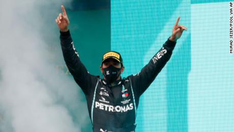 Hamilton celebrating victory at the Turkish Grand Prix.