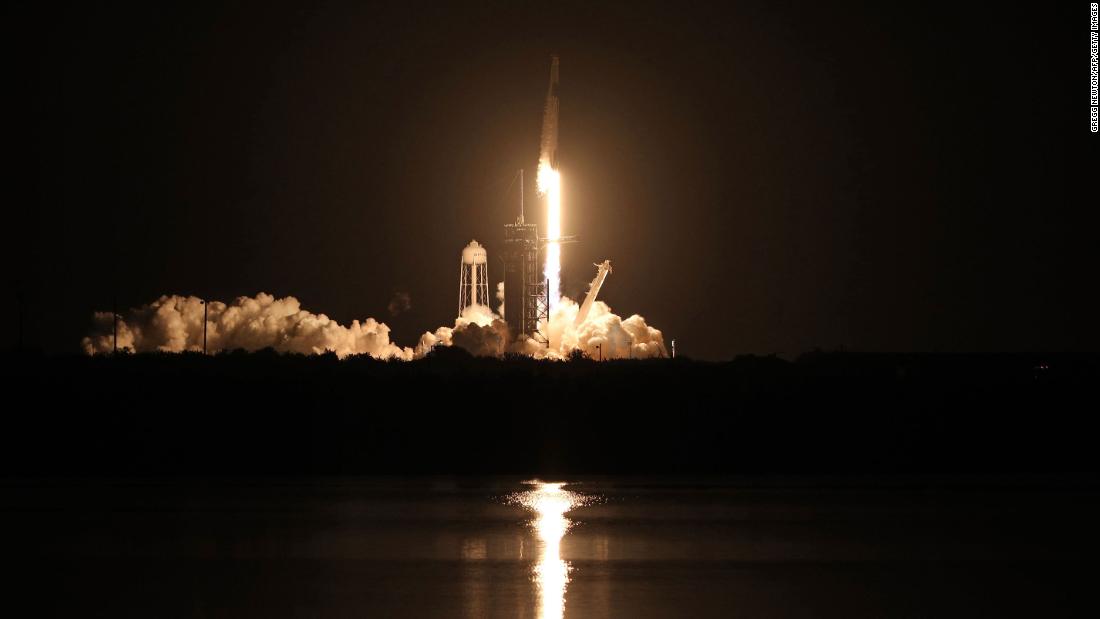 A SpaceX Falcon 9 rocket carrying the company&#39;s Crew Dragon spacecraft is launched on NASA&#39;s SpaceX Crew-1 mission to the International Space Station.