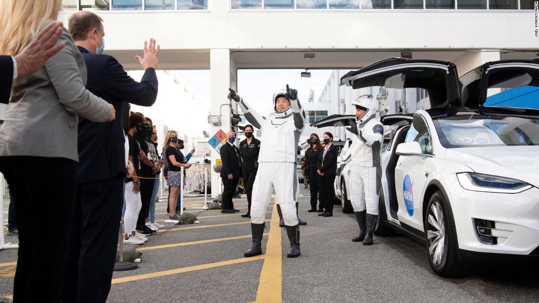 Noguchi prepares to depart the Neil Armstrong Operations and Checkout Building with his crewmates to board the SpaceX Crew Dragon spacecraft.