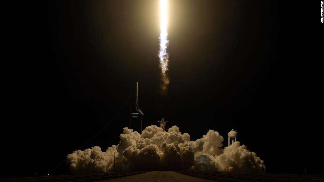 The SpaceX Falcon 9 rocket lifts off.