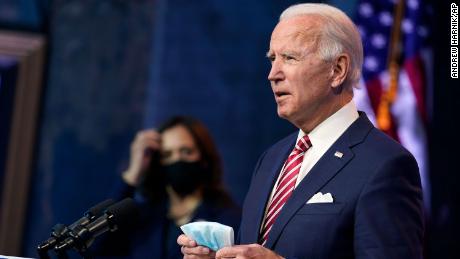 President-elect Joe Biden, accompanied by Vice President-elect Kamala Harris, speaks about economic recovery at The Queen theater, Monday, November 16, in Wilmington, Delaware. 