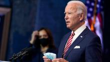 President-elect Joe Biden, accompanied by Vice President-elect Kamala Harris, speaks about economic recovery at The Queen theater, Monday, November 16, in Wilmington, Delaware. 