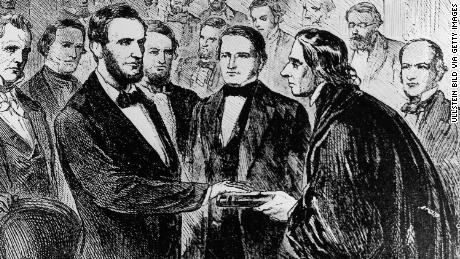 Abraham Lincoln's inauguration as 16th President of the United States at Washington, D.C., with outgoing President James Buchanan and Chief Justice of the United States Roger Brooke Taney. 