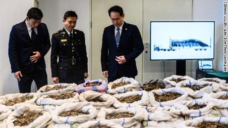 Customs officers look at seized endangered pangolin scales displayed during a press conference at the Kwai Chung Customhouse Cargo Examination Compound in Hong Kong on February 1, 2019.