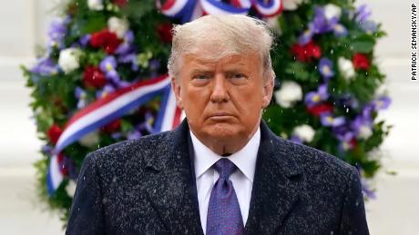 Trump participates in a Veterans Day wreath laying ceremony at the Tomb of the Unknown Soldier at Arlington National Cemetery in Arlington, Virginia., Wednesday, November 11.