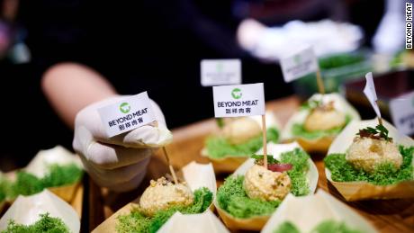 Beyond Meat serving its new crunchy pork &quot;bite&quot; at a tasting in China on Wednesday. 
