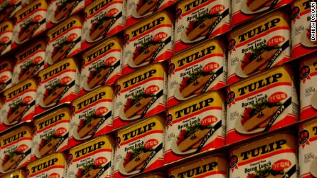 Cans of Tulip Pork Luncheon Meat seen at a Danish Crown plant in Vejle, Denmark.