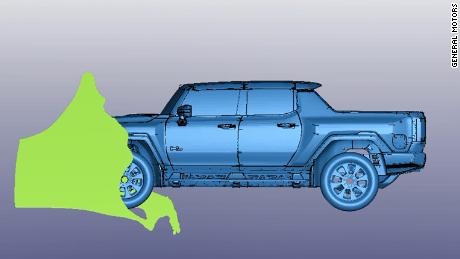 A computer model of the Hummer EV was used to test the truck&#39;s water fording capability. The green shape indicates water flowing over the front of the vehicle.