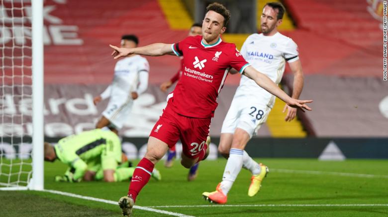 Diogo Jota celebrates scoring for Liverpool on Sunday. 