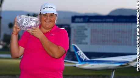 RANCHO MIRAGE, CA - APRIL 05: Haley Moore lifts the leading amateur trophy after the final round of the ANA Inspiration on the Dinah Shore Tournament Course at Mission Hills Country Club on April 5, 2015 in Rancho Mirage, California. (Photo by Robert Laberge/Getty Images)