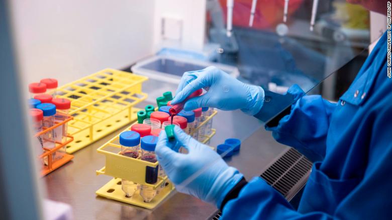 A researcher in a laboratory at the Jenner Institute in Oxford, England, works on the coronavirus vaccine developed by AstraZeneca and Oxford University.