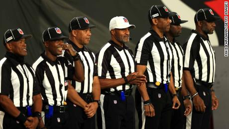 The first all-black umpire crew in Monday's game between the Tampa Bay Buccaneers and the Los Angeles Rams.