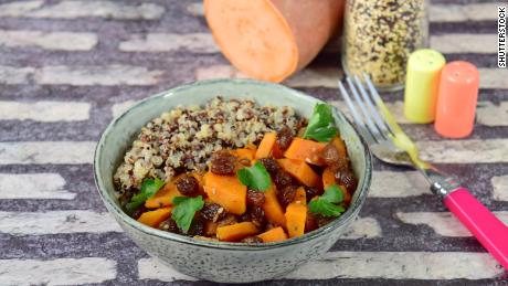 Post-Thanksgiving, use up roasted sweet potatoes and other veggie sides in a grain bowl.