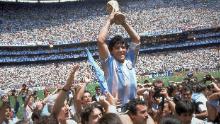Diego Maradona is carried around the field after leading Argentina to victory in the 1986 World Cup final. Argentina defeated West Germany at the Azteca Stadium in Mexico City.