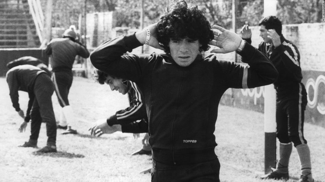 A 16-year-old Maradona warms up in Buenos Aires in 1977. A year earlier, he made his professional debut with the club Argentinos Juniors. A few months after that, he made his international debut with Argentina&#39;s national team.