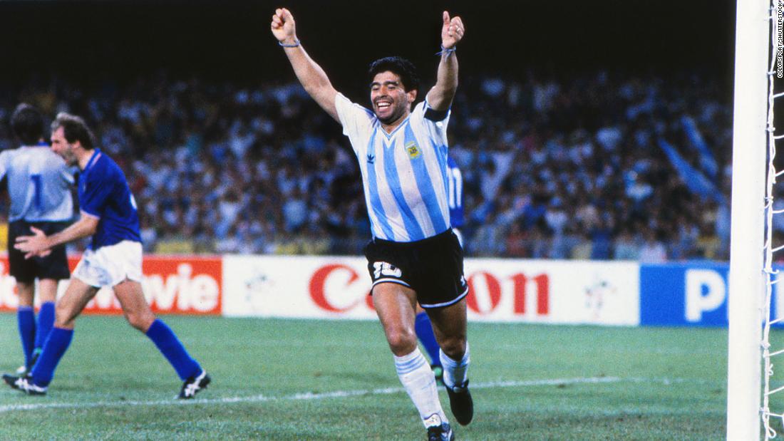 Maradona celebrates a teammate&#39;s goal during the 1990 World Cup. Argentina advanced to the final but lost to West Germany.