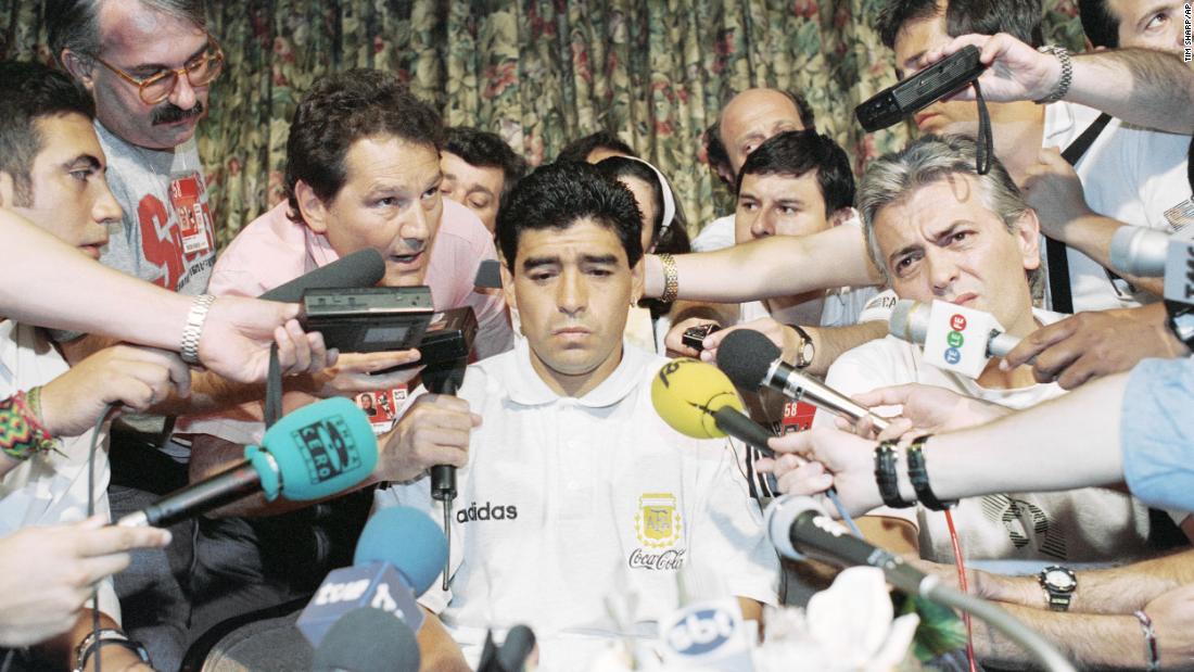 Maradona addresses the media after Argentina dropped him from the 1994 World Cup team. Just hours before the team&#39;s final first-round game, it was revealed that he had tested positive for the use of ephedrine, a banned stimulant. In 1991, Maradona tested positive for cocaine use and was banned for the sport for 15 months.