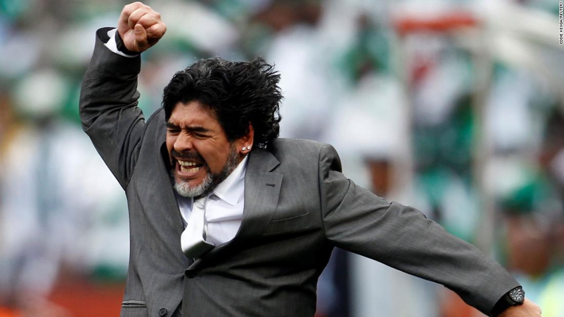 Maradona celebrates a goal during the 2010 World Cup. The team advanced to the quarterfinals before being eliminated by Germany.