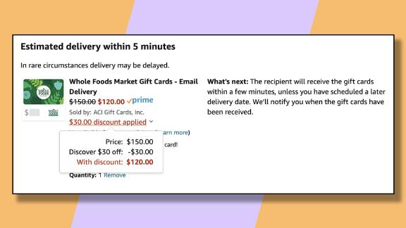 Take $30 off your grocery bill by buying a gift card to Whole Foods and applying this Discover offer.