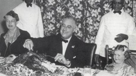Eleanor and Franklin Roosevelt host Thanksgiving dinner at Warm Springs, GA, November 23, 1939.