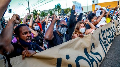 People protest in Porto Alegre, Rio Grande do Sul, Brazil, on November 20, 2020, on Black Consciousness Day. 