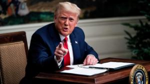 WASHINGTON, DC - NOVEMBER 26: President Donald Trump speaks in the Diplomatic Room of the White House on Thanksgiving on November 26, 2020 in Washington, DC. Trump had earlier made the traditional call to members of the military stationed abroad through video teleconference. (Photo by Erin Schaff - Pool/Getty Images)