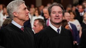 WASHINGTON, DC - FEBRUARY 5: Supreme Court Justices Neil Gorsuch and Brett Kavanaugh attend the State of the Union address in the chamber of the U.S. House of Representatives at the U.S. Capitol Building on February 5, 2019 in Washington, DC. President Trump&#39;s second State of the Union address was postponed one week due to the partial government shutdown. (Photo by Doug Mills-Pool/Getty Images)