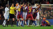 Sergio Ramos pushed Puyol in the face after a hacking tackle of Lionel Messi that saw him sent off. 