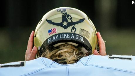 Vanderbilt kicker Sarah Fuller adjusts her helmet during NCAA college football practice on Wednesday, November 25, 2020, in Nashville, Tennessee. 