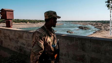 A member of the Amhara Special Forces watches on at the border crossing with Eritrea, in Humera, Ethiopia, on November 22, 2020. 