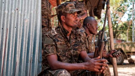 Ethiopian soldiers rest in Dansha, Ethiopia, on November 25, 2020. 