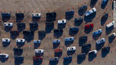 In an aerial view from a drone, cars line up at Dodger Stadium for Covid-19 testing on November 14, 2020, in Los Angeles.