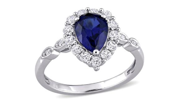 Pear-Shaped Blue and White Sapphire and Diamond Ring